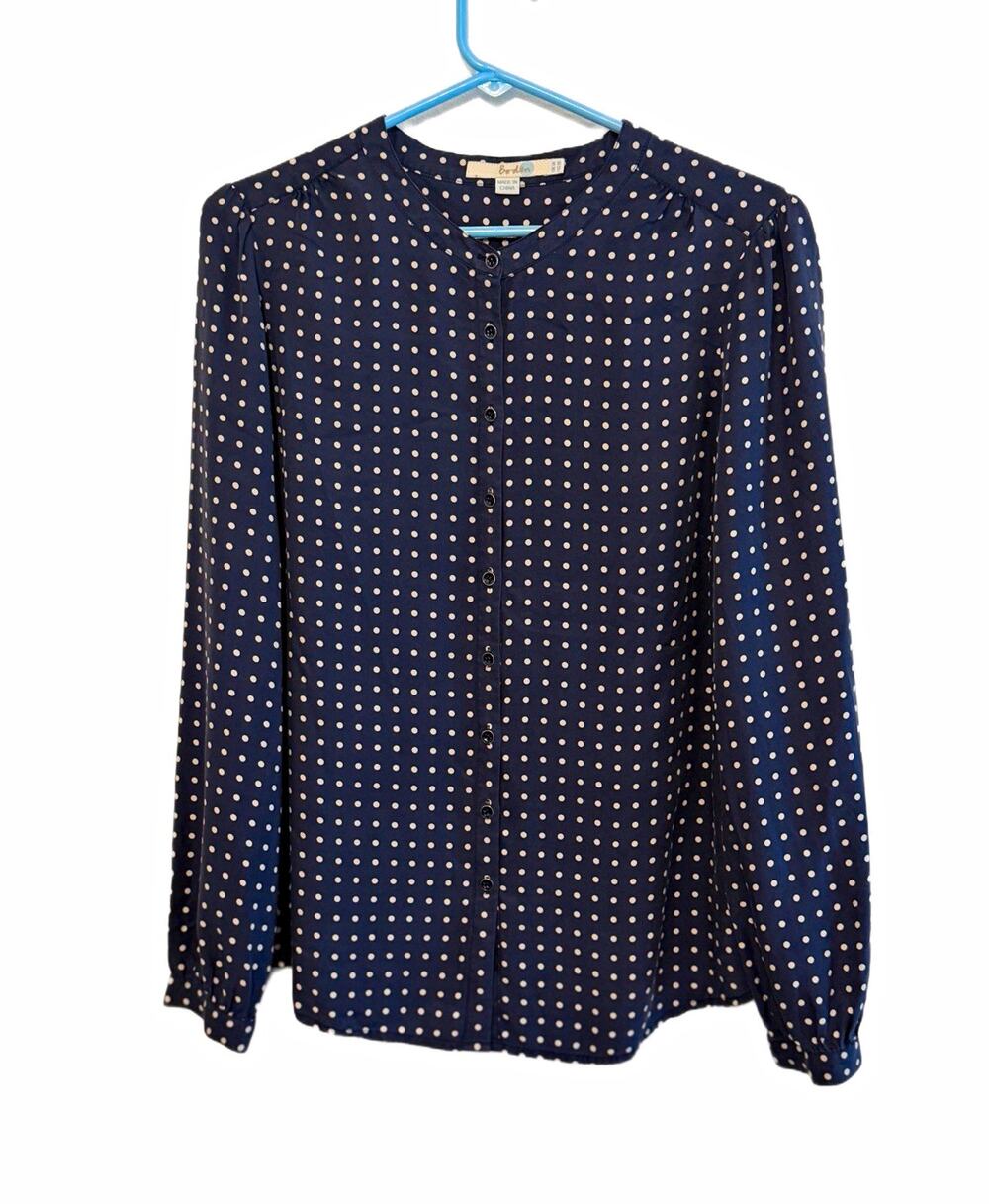 EUC Boden Viscose/Silk blend, Blue/White Polka Dot Long Sleeve, Buttons, size 10